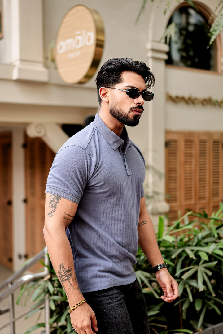 Blue Drop Needle Placket Polo Collar T-Shirt
