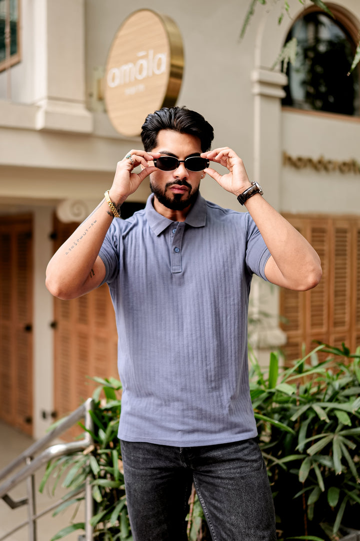 Blue Drop Needle Placket Polo Collar T-Shirt