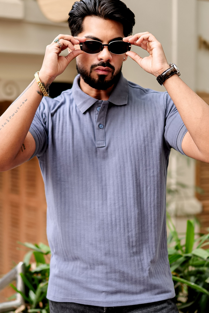 Blue Drop Needle Placket Polo Collar T-Shirt