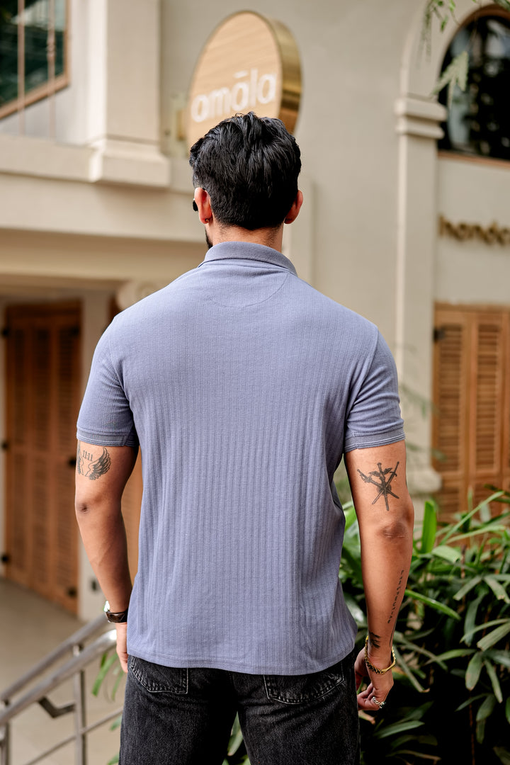 Blue Drop Needle Placket Polo Collar T-Shirt