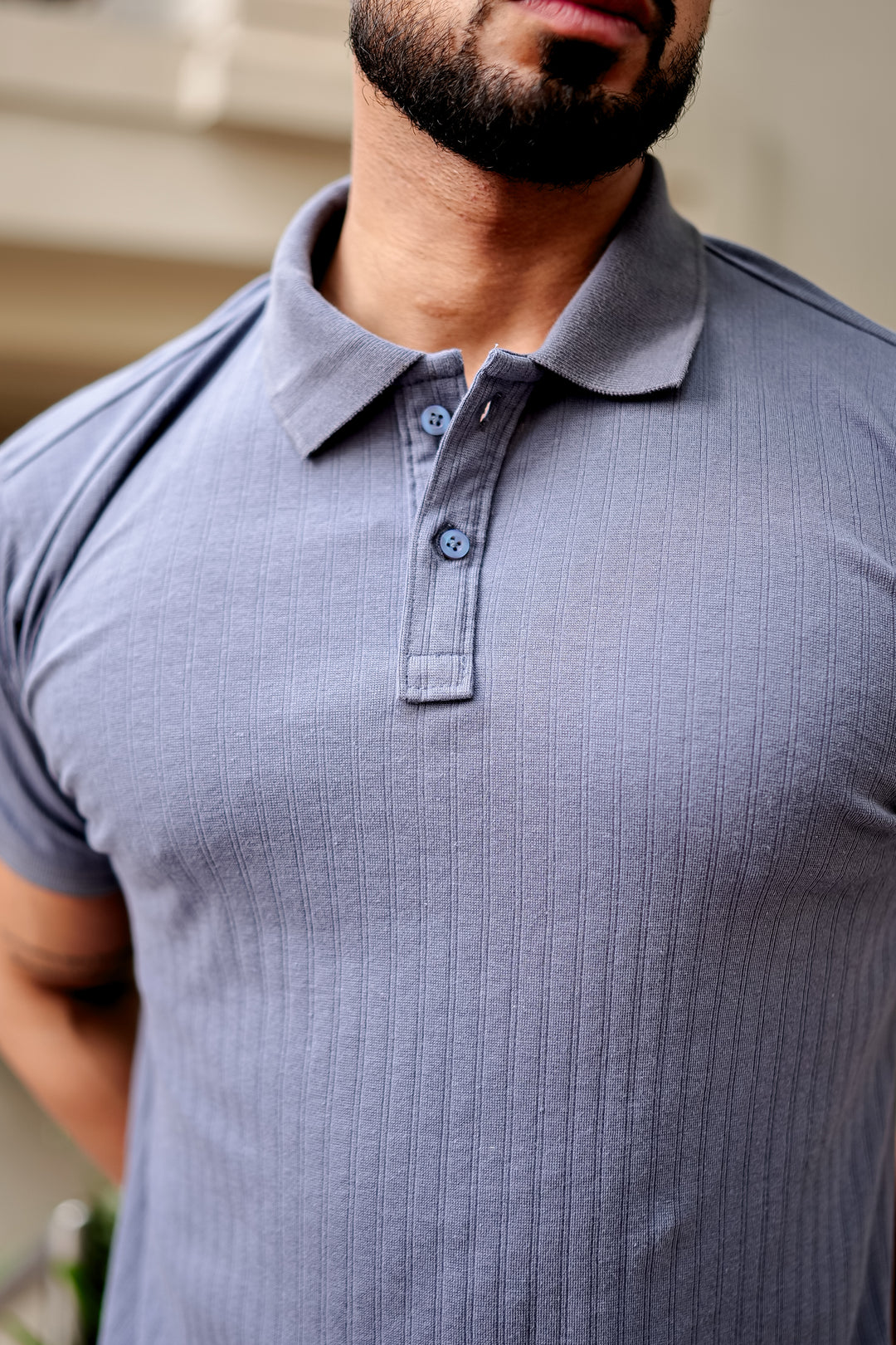 Blue Drop Needle Placket Polo Collar T-Shirt
