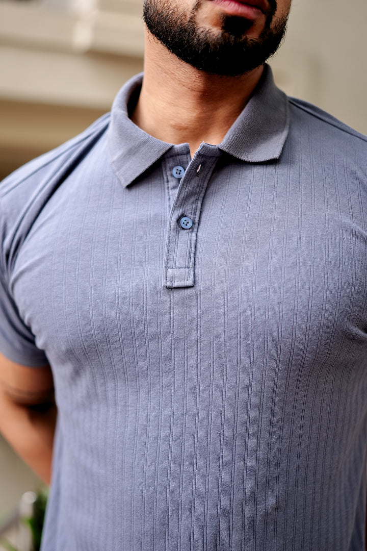 Blue Drop Needle Placket Polo Collar T-Shirt