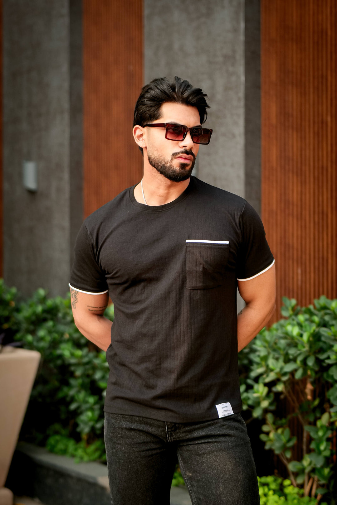 Black Self Design Pocket T-Shirt
