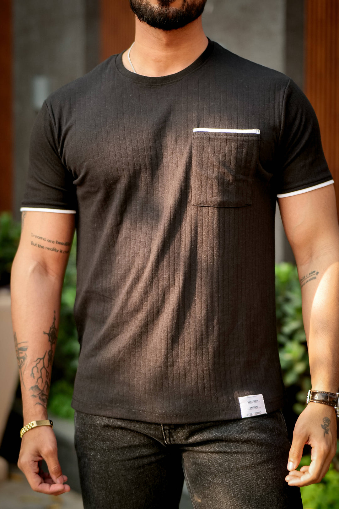 Black Self Design Pocket T-Shirt