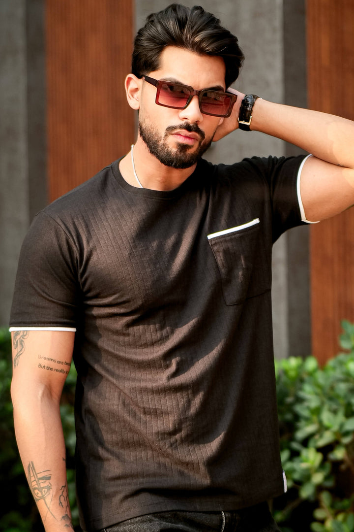Black Self Design Pocket T-Shirt