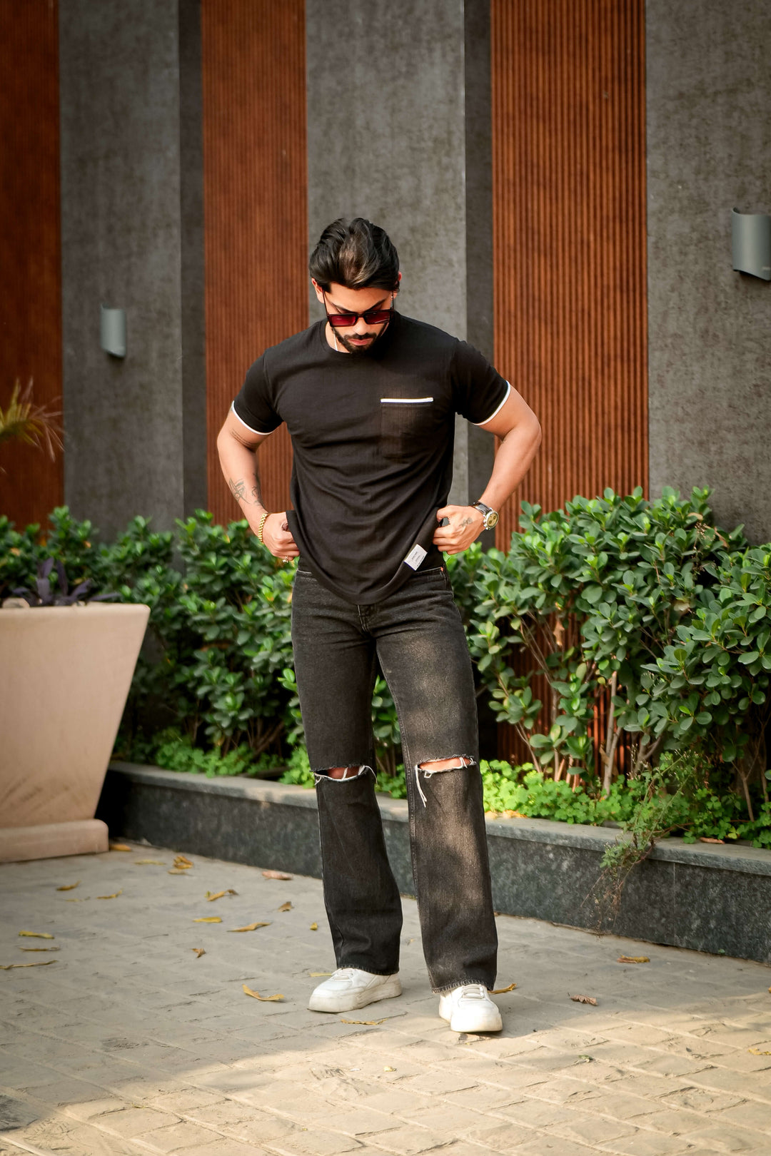 Black Self Design Pocket T-Shirt