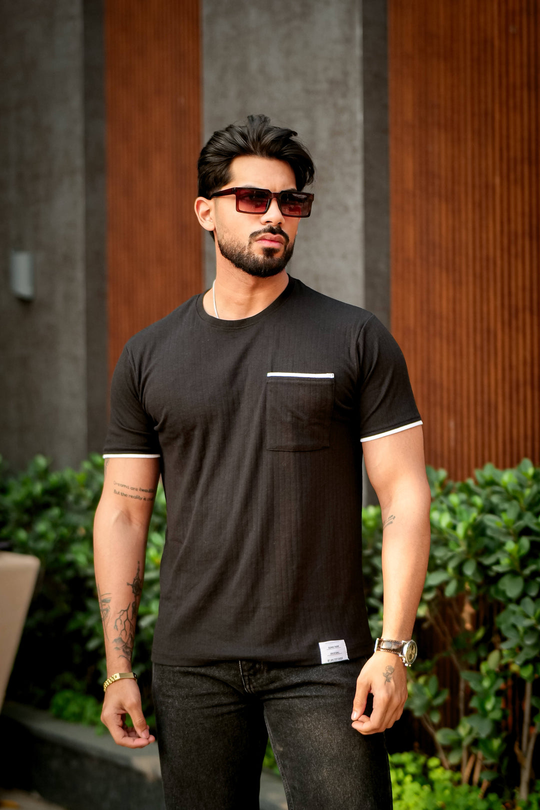Black Self Design Pocket T-Shirt
