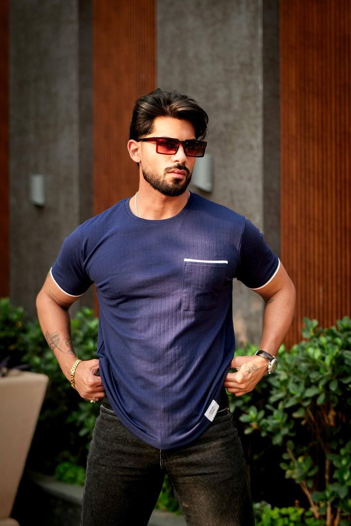 Navy Self Design Pocket T-Shirt