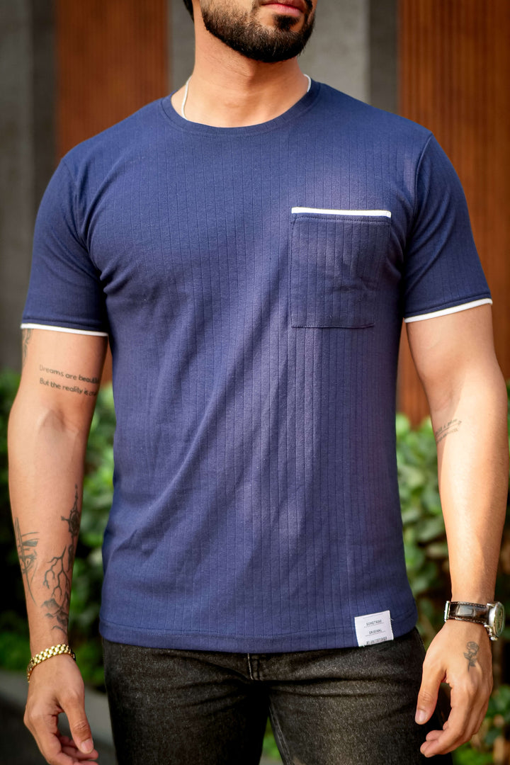 Navy Self Design Pocket T-Shirt