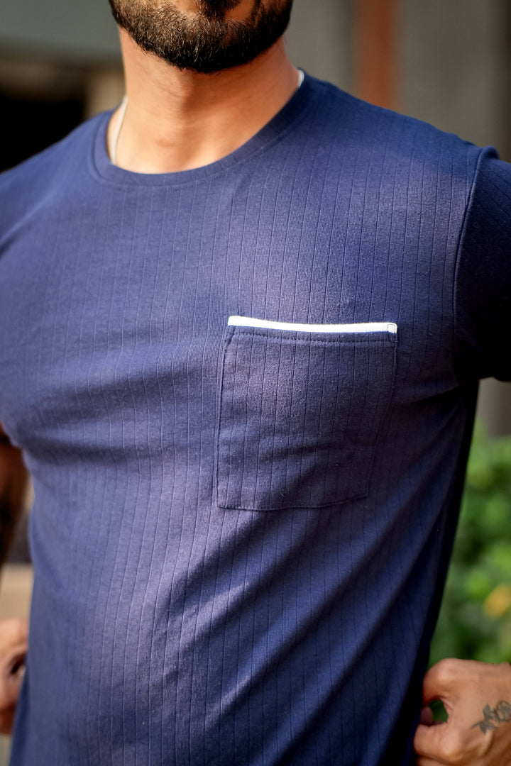 Navy Self Design Pocket T-Shirt
