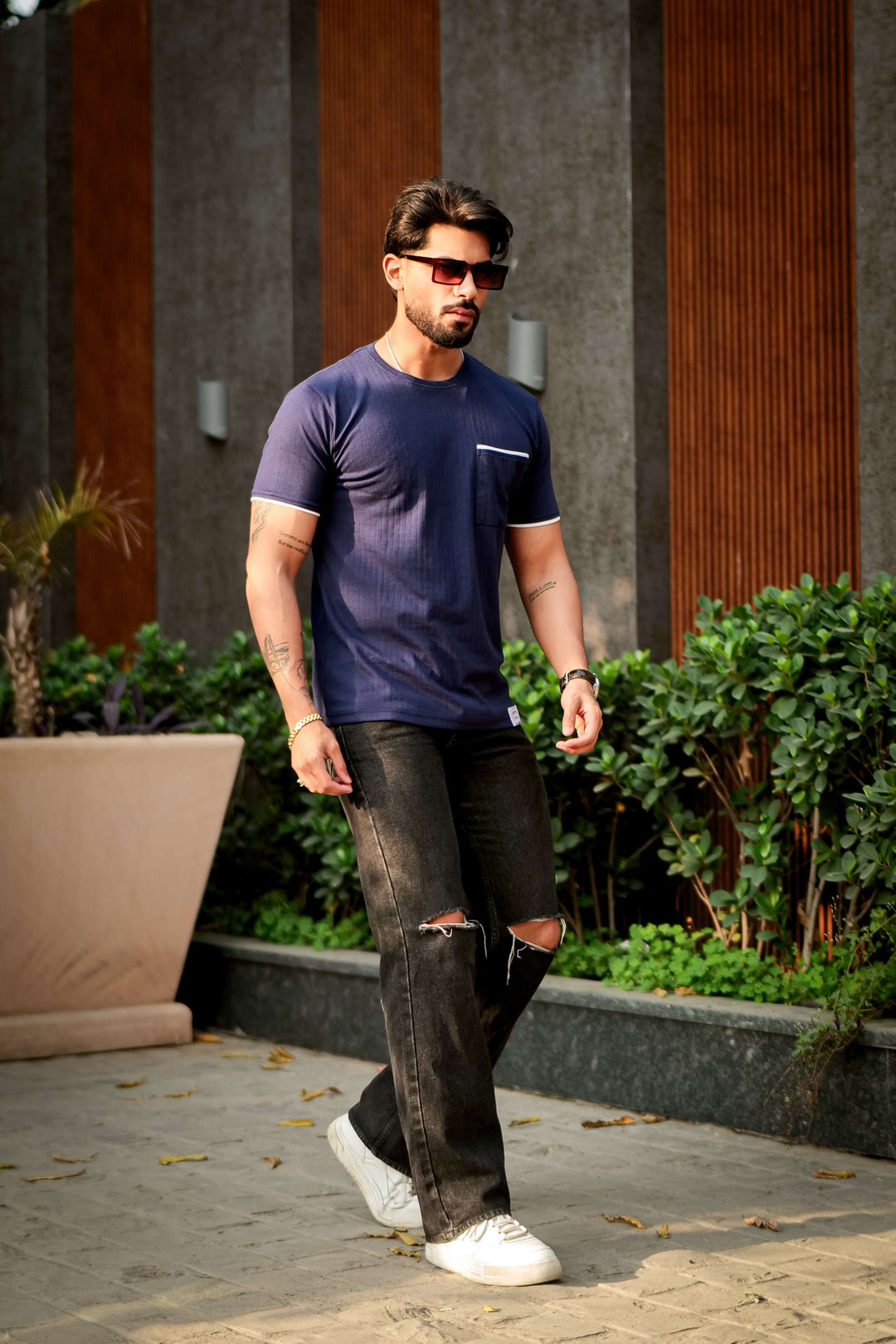Navy Self Design Pocket T-Shirt