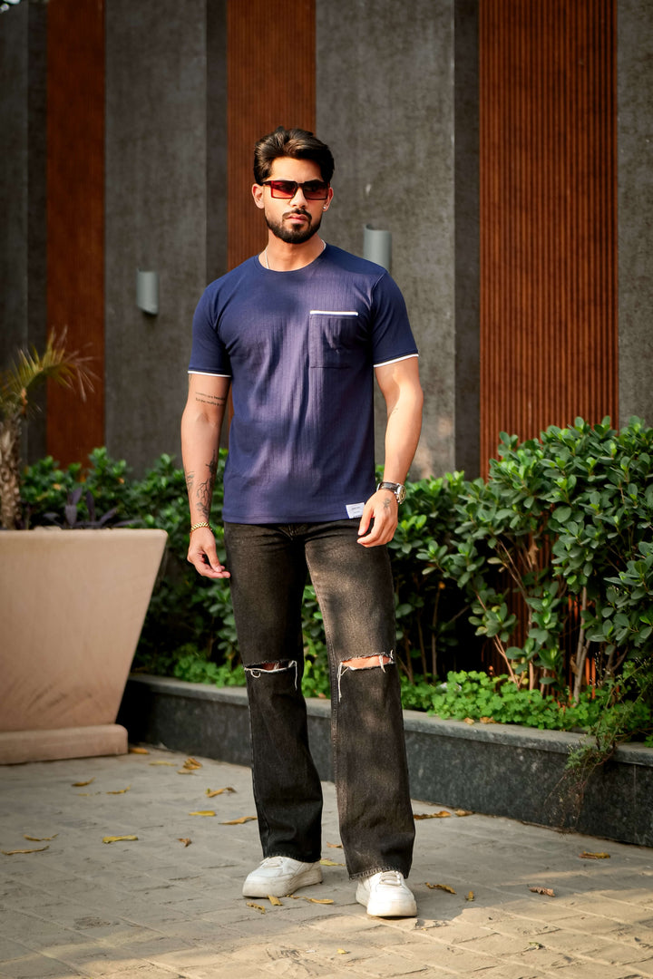 Navy Self Design Pocket T-Shirt
