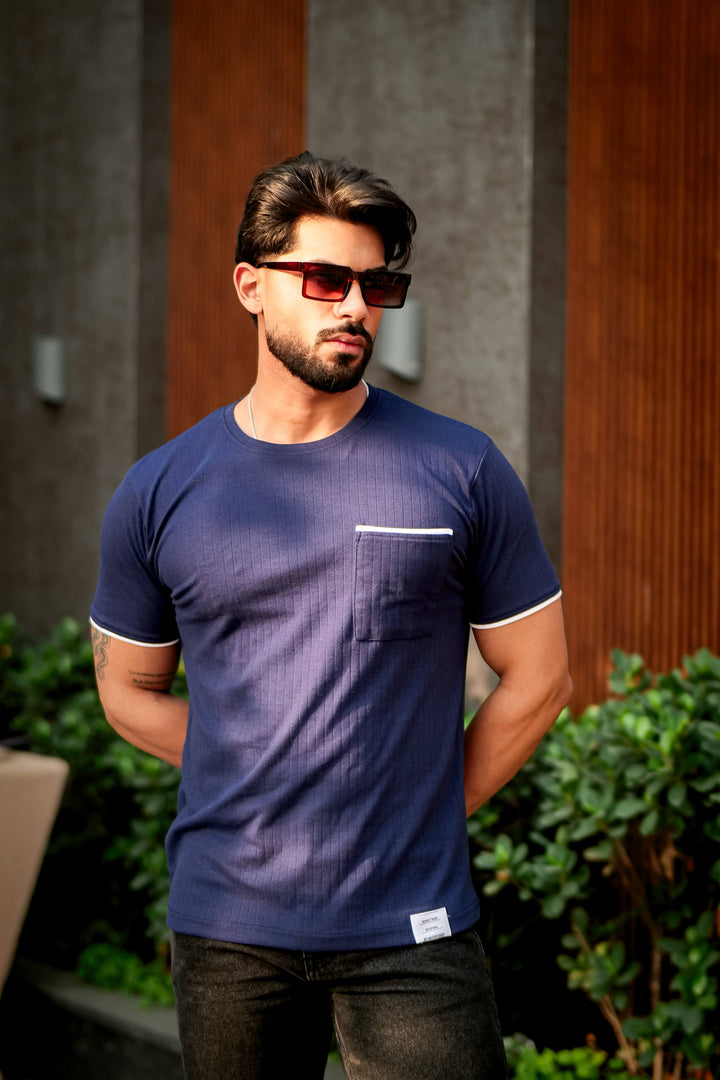 Navy Self Design Pocket T-Shirt