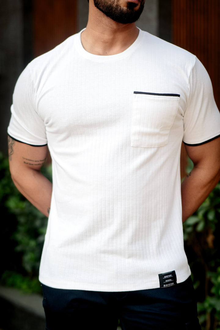 White Self Design Pocket T-Shirt