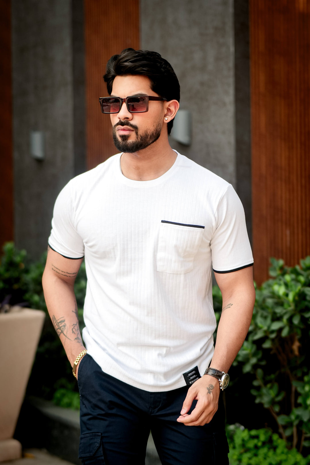 White Self Design Pocket T-Shirt