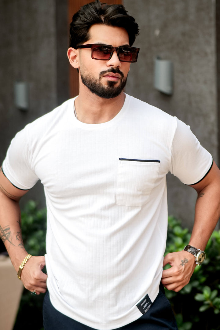 White Self Design Pocket T-Shirt