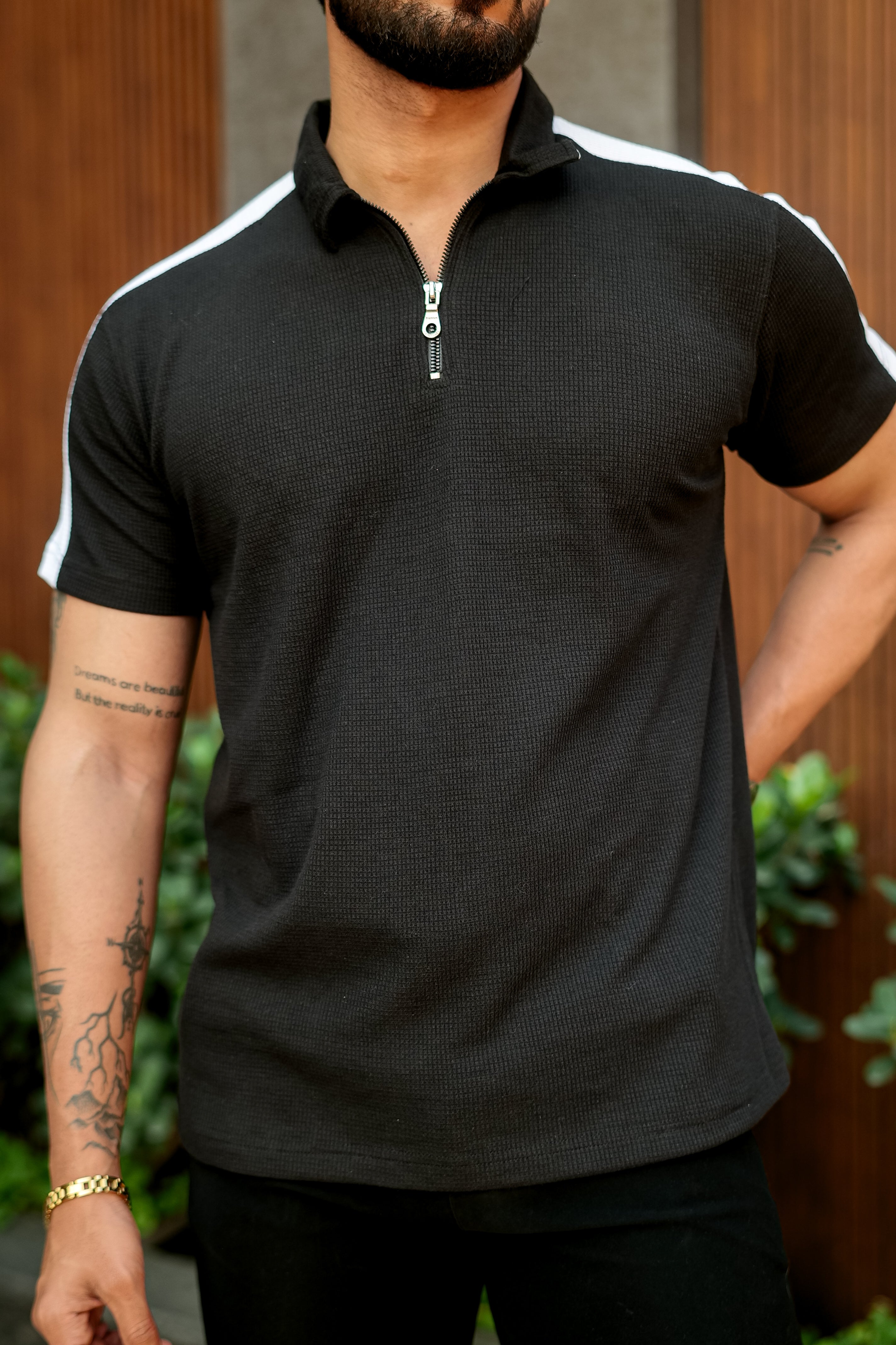 Black Waffle Knit (Cotton) Zipper Polo Collar T-Shirt