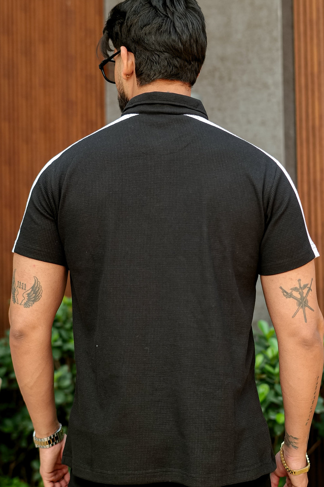 Black Waffle Knit (Cotton) Zipper Polo Collar T-Shirt
