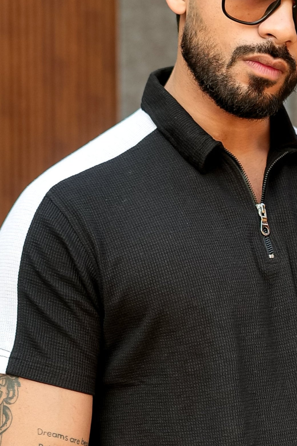 Black Waffle Knit (Cotton) Zipper Polo Collar T-Shirt
