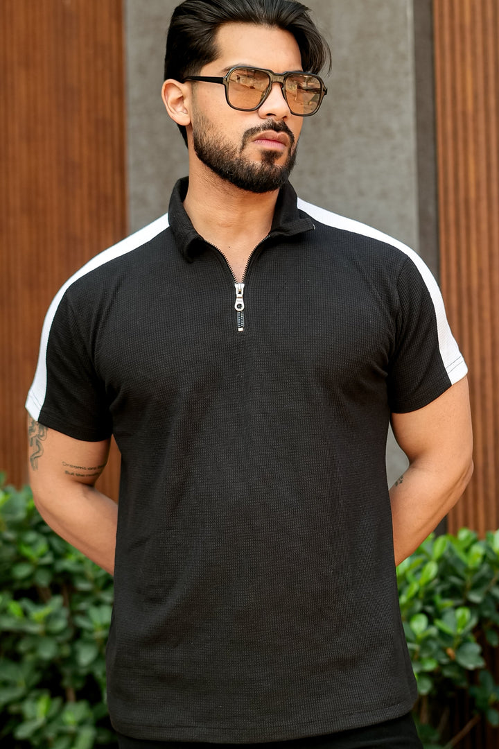 Black Waffle Knit (Cotton) Zipper Polo Collar T-Shirt