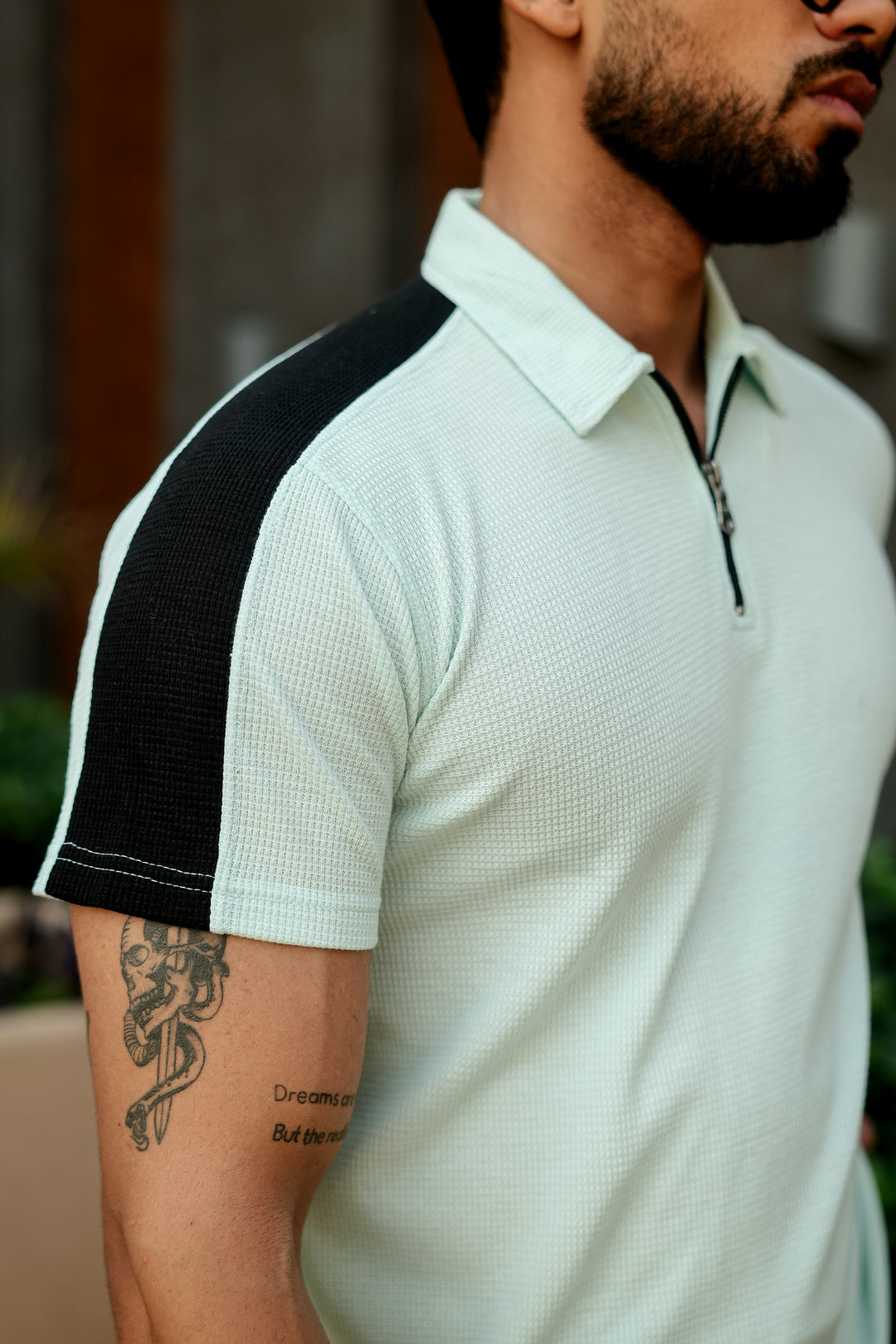 Sky Blue Waffle Zipper Polo Collar T-Shirt