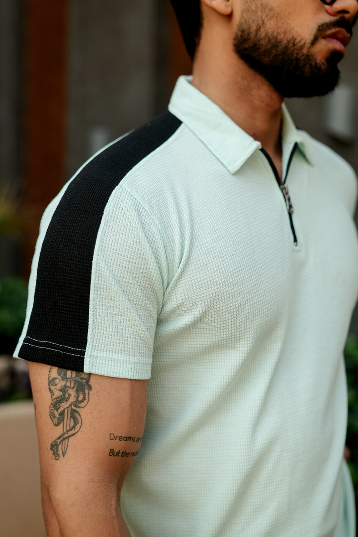 Sky Blue Waffle Zipper Polo Collar T-Shirt
