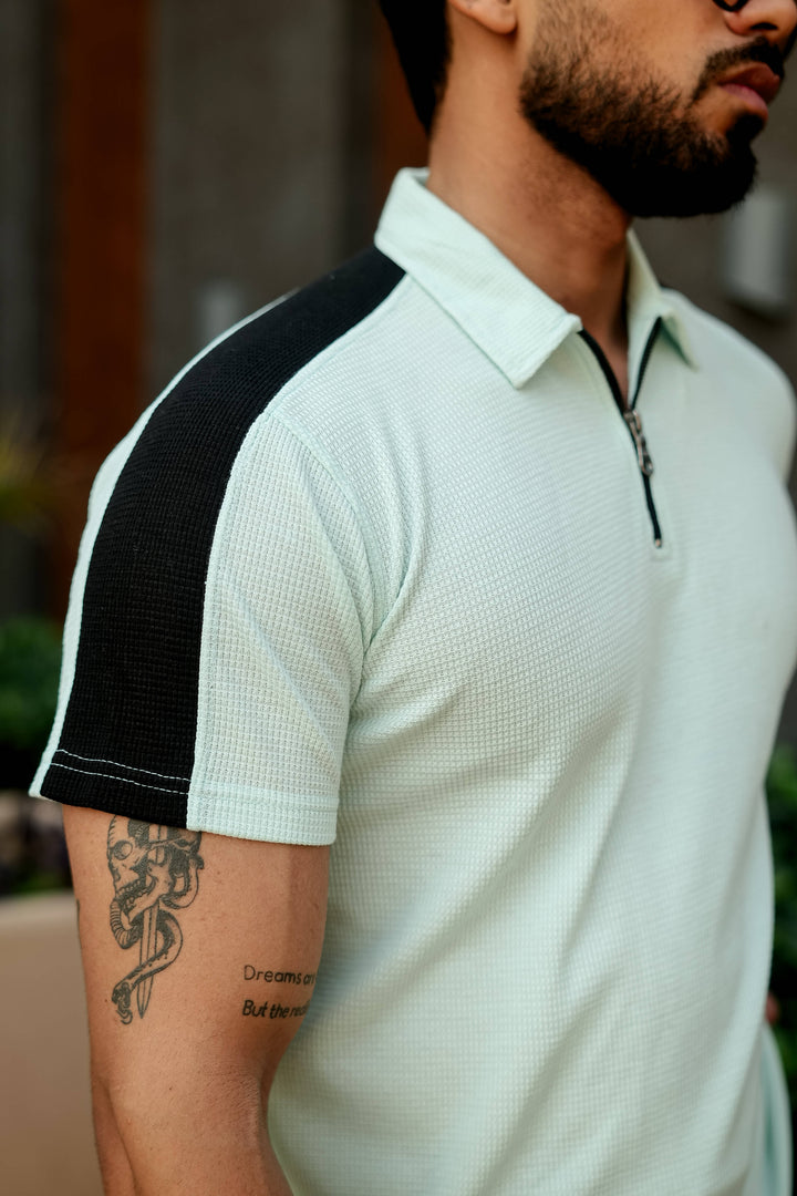 Sky Blue Waffle Zipper Polo Collar T-Shirt