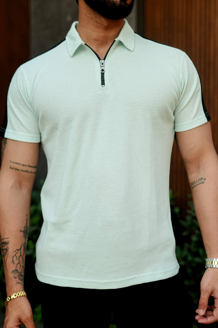 Sky Blue Waffle Zipper Polo Collar T-Shirt