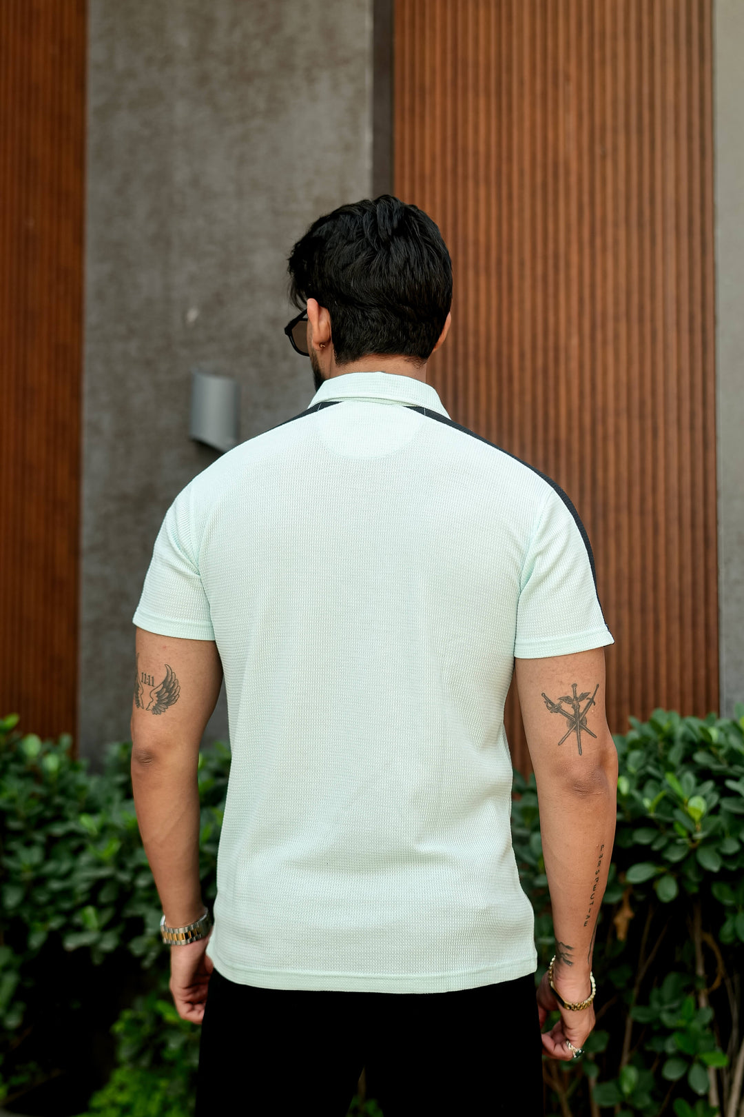 Sky Blue Waffle Zipper Polo Collar T-Shirt