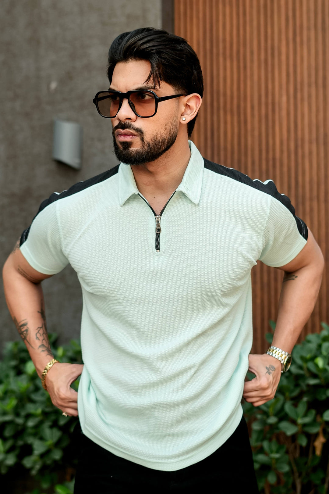 Sky Blue Waffle Zipper Polo Collar T-Shirt