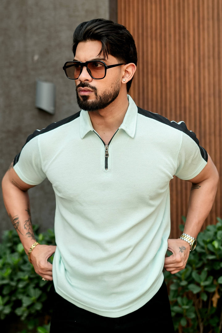 Sky Blue Waffle Zipper Polo Collar T-Shirt