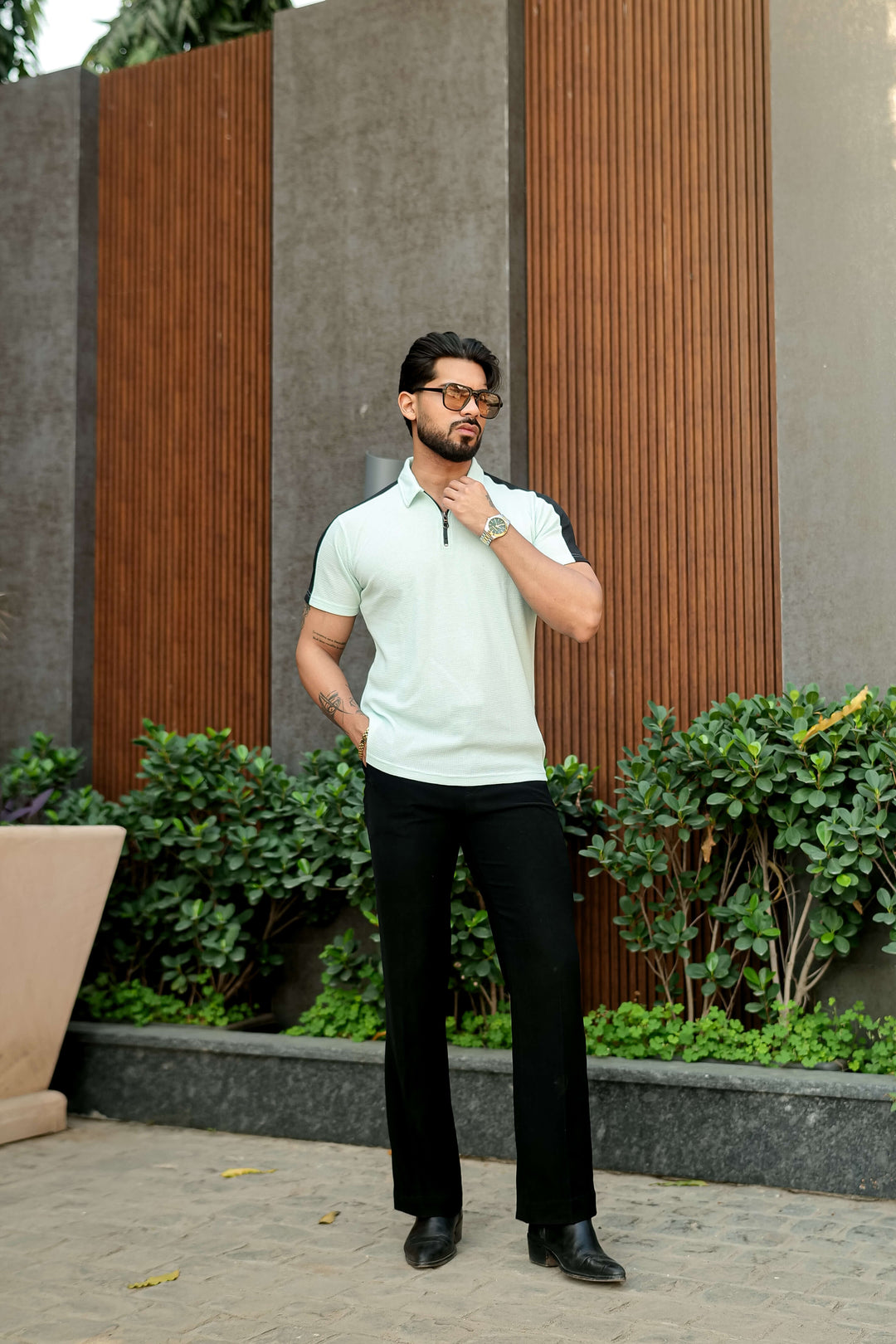 Sky Blue Waffle Zipper Polo Collar T-Shirt