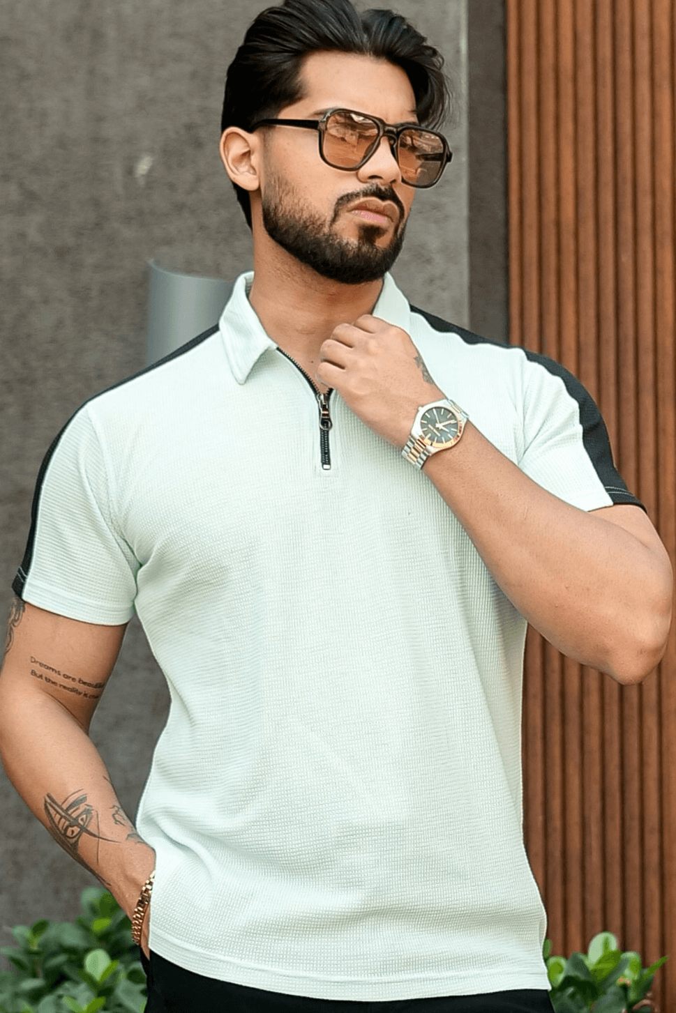Sky Blue Waffle Zipper Polo Collar T-Shirt
