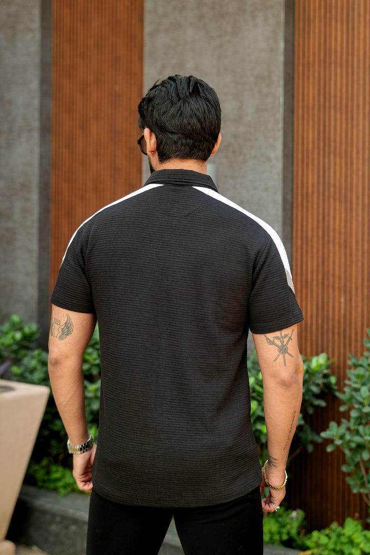 Black Self Design ColorBlock Cotton Polo T-Shirt