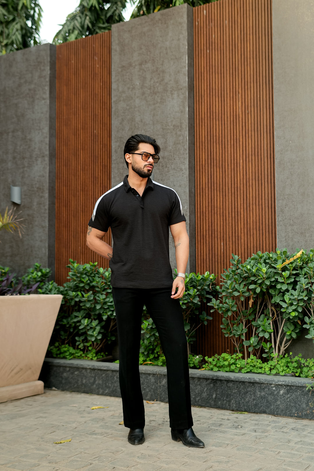 Black Self Design ColorBlock Cotton Polo T-Shirt
