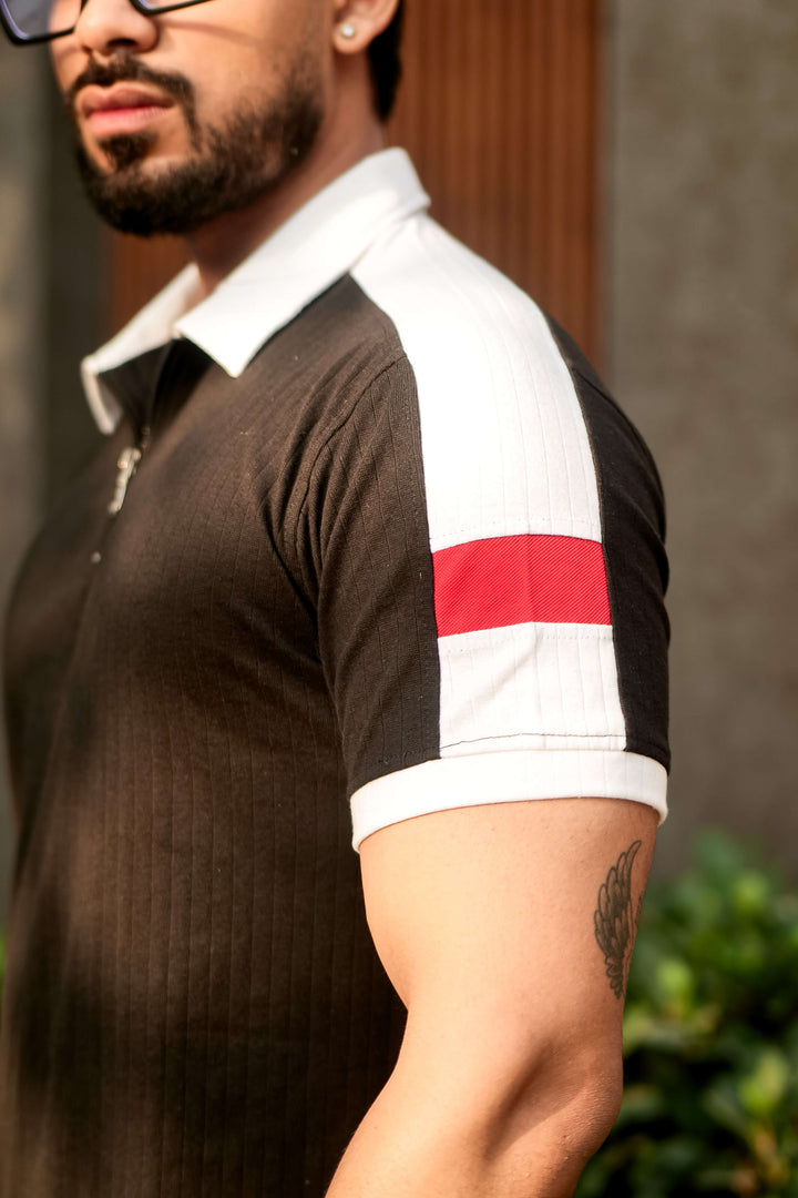 Black Color Blocked Polo Collar T-Shirt