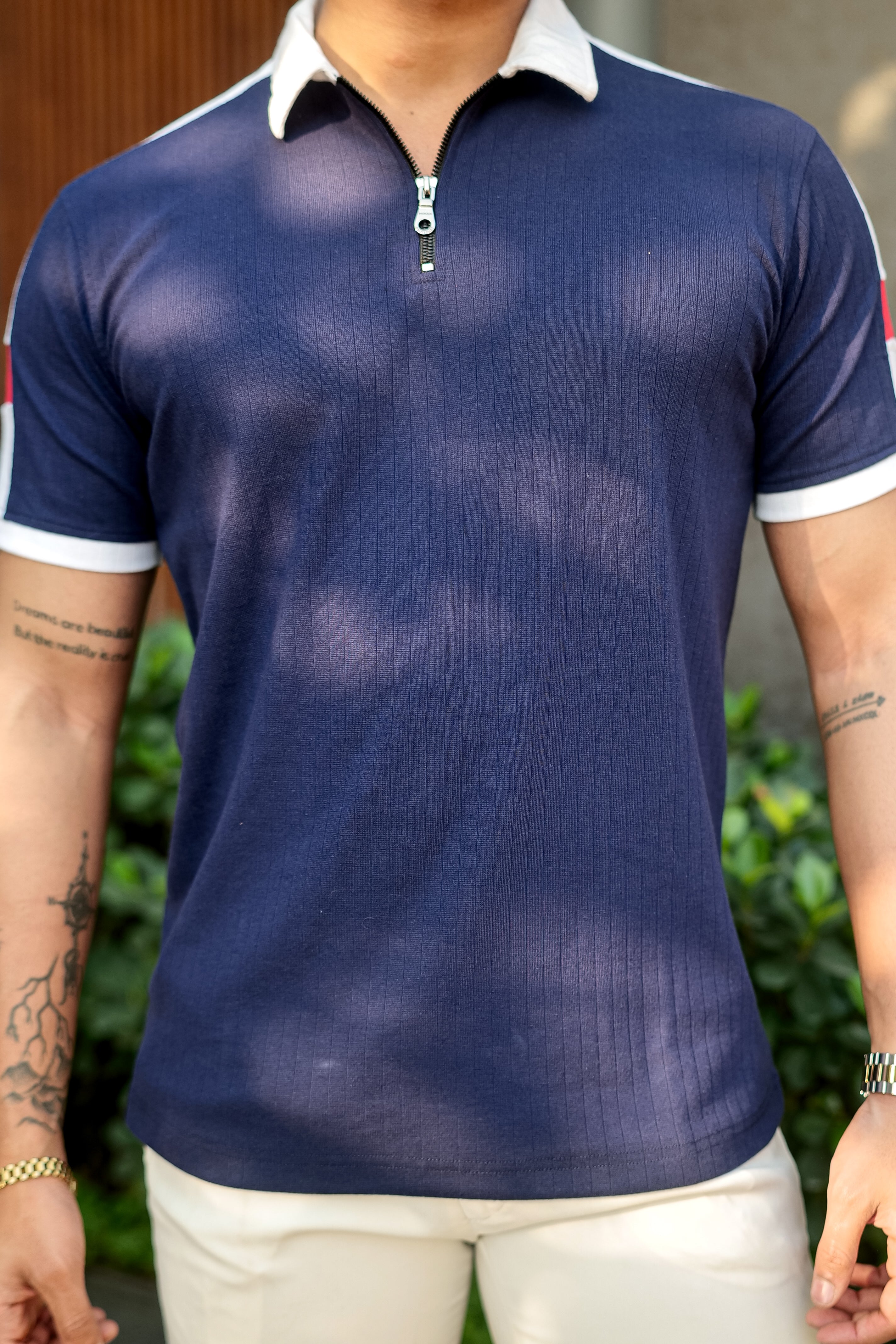 Gritstones Navy Blue Colorblocked Zipper Polo Collar T-Shirt
