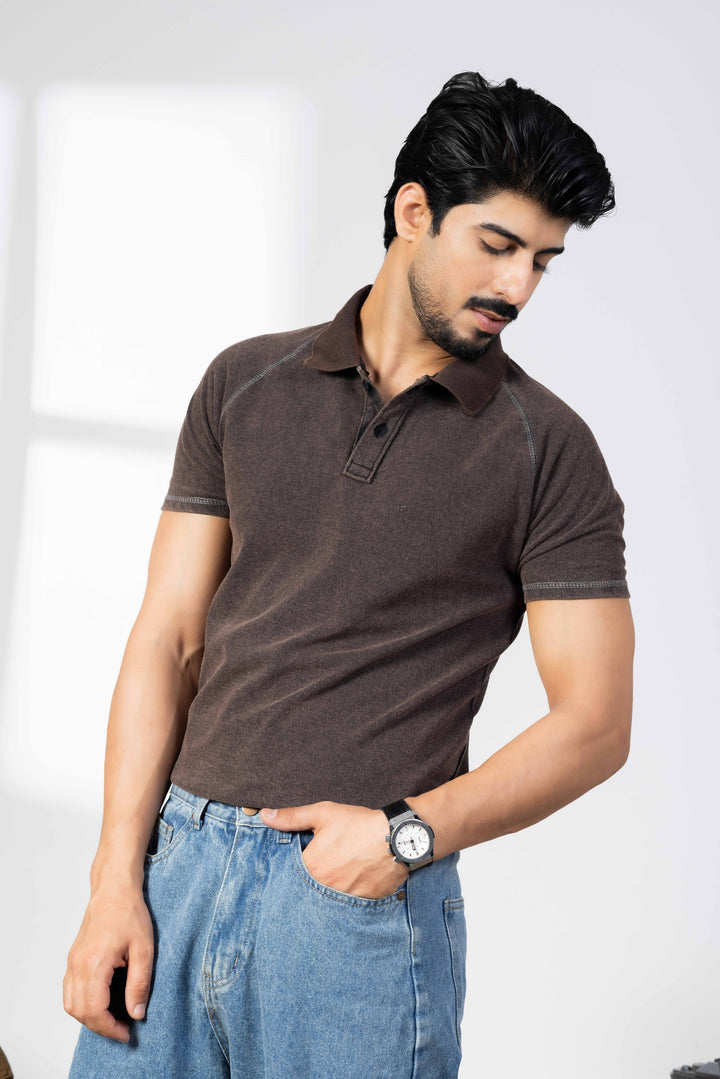 Brown Acid Washed  Collar  T-shirt