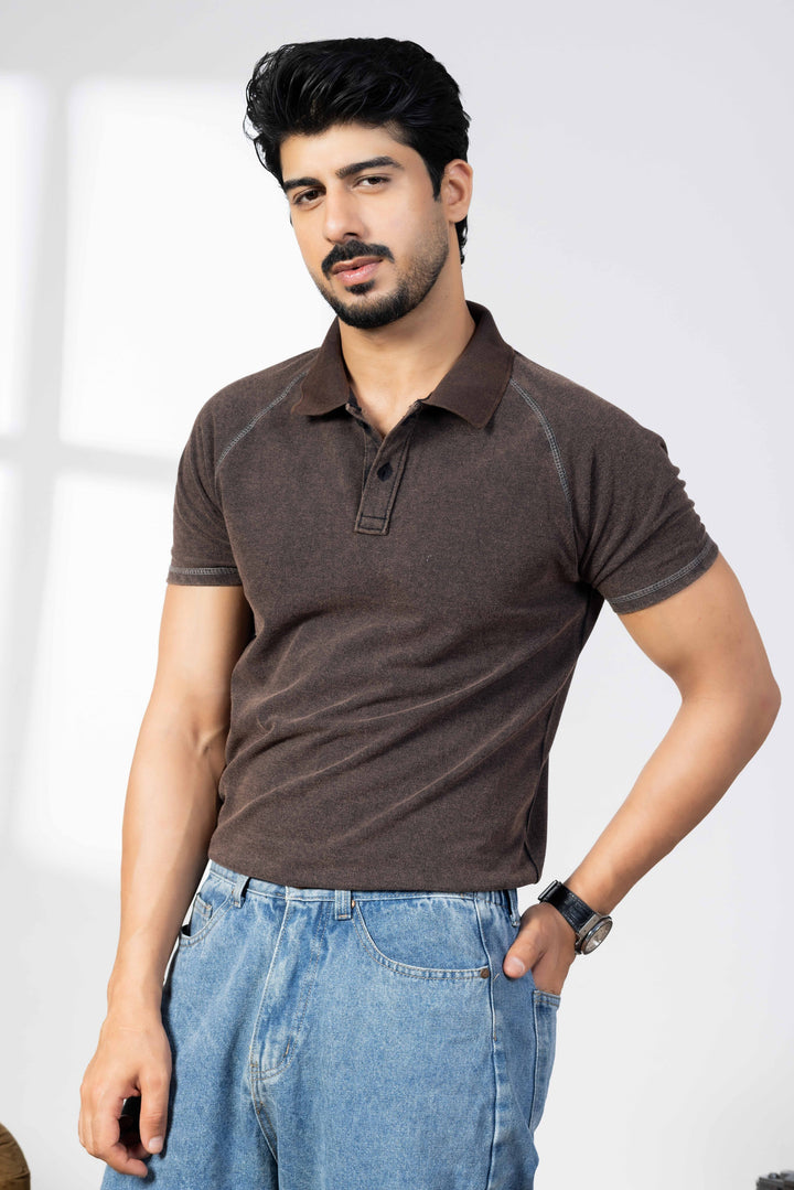 Brown Acid Washed  Collar  T-shirt