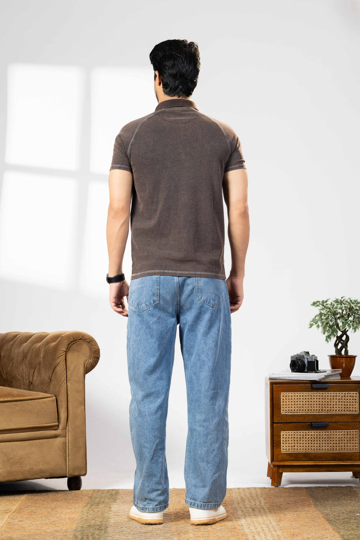 Brown Acid Washed  Collar  T-shirt
