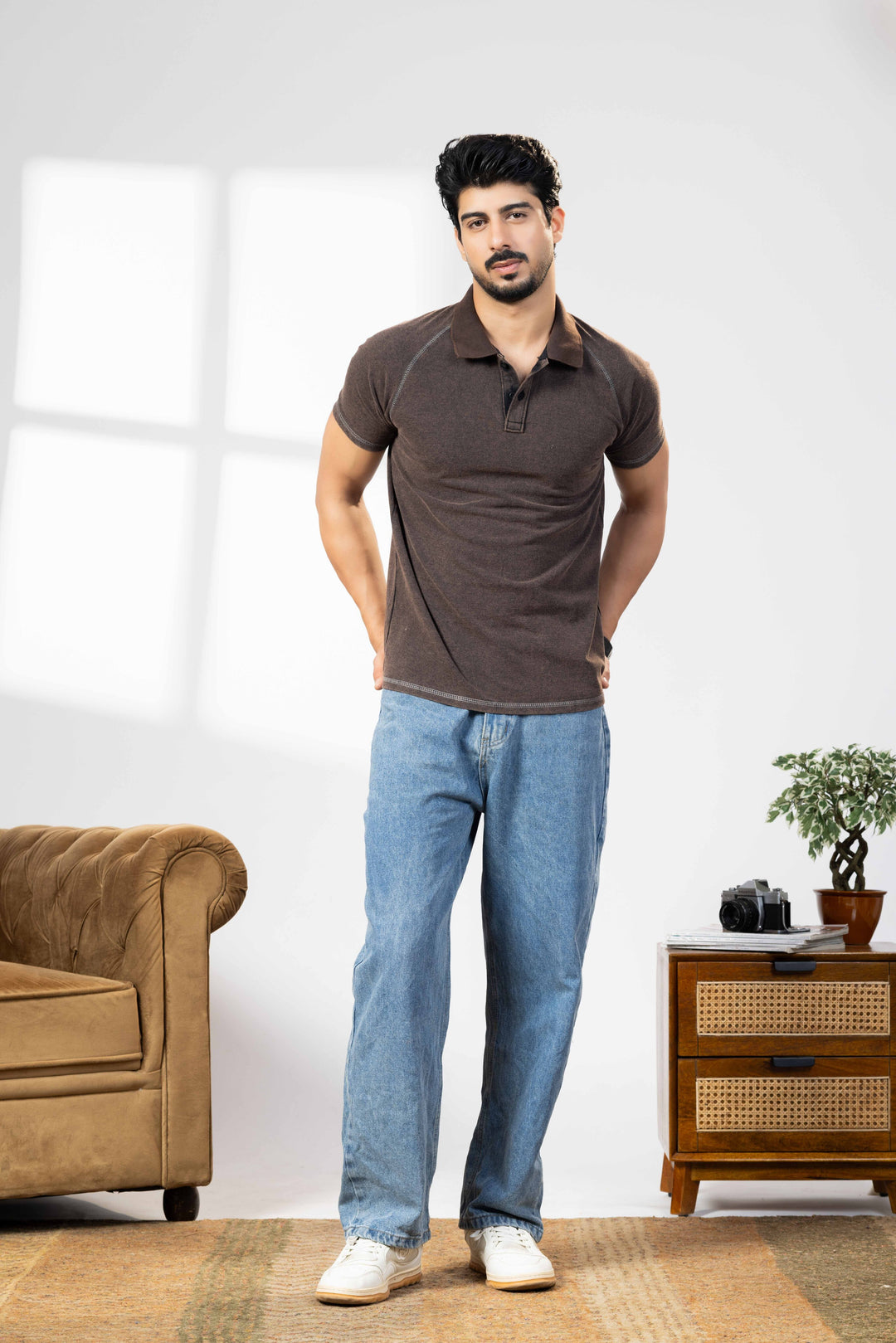 Brown Acid Washed  Collar  T-shirt