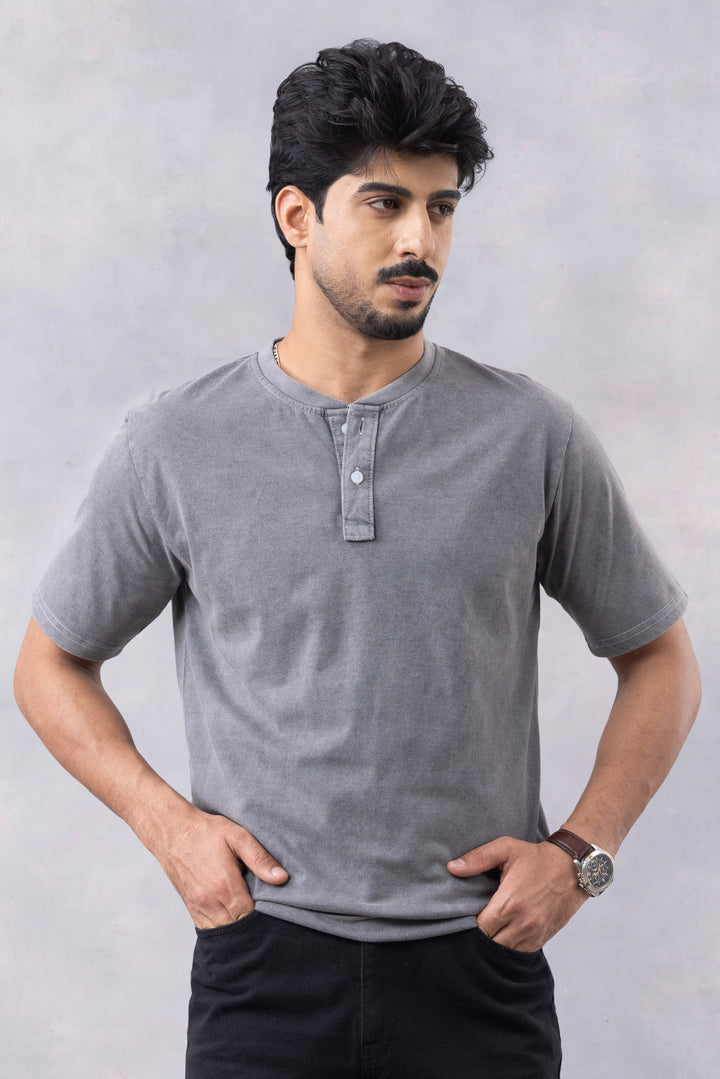 Dark Grey Acid Washed Henley neck T-Shirt