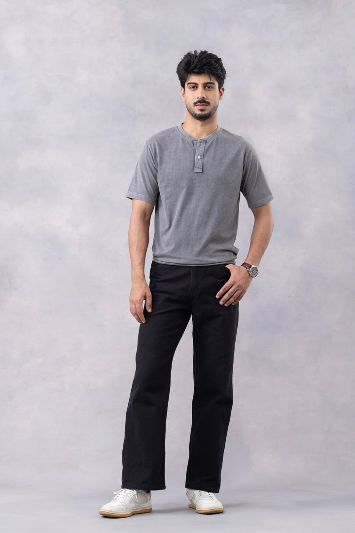 Dark Grey Acid Washed Henley neck T-Shirt