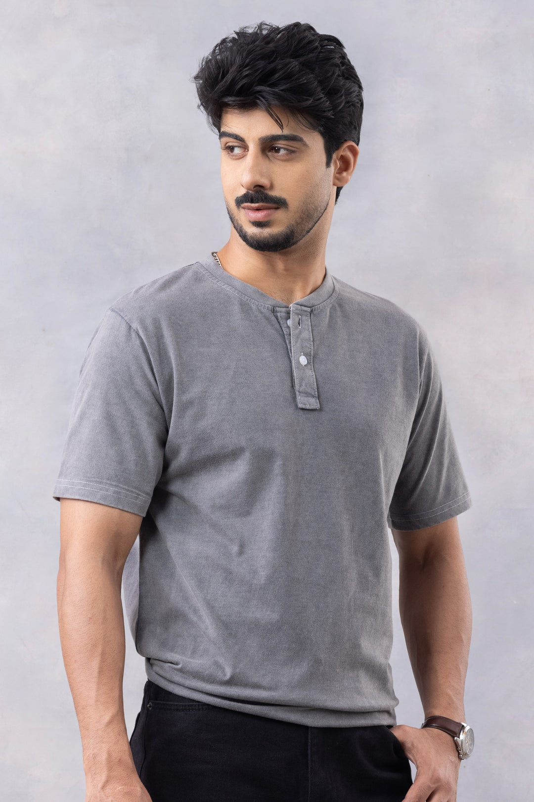 Dark Grey Acid Washed Henley neck T-Shirt