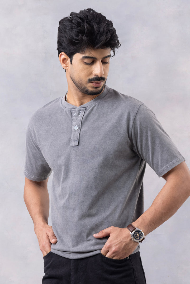 Dark Grey Acid Washed Henley neck T-Shirt