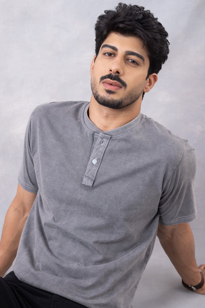 Dark Grey Acid Washed Henley neck T-Shirt