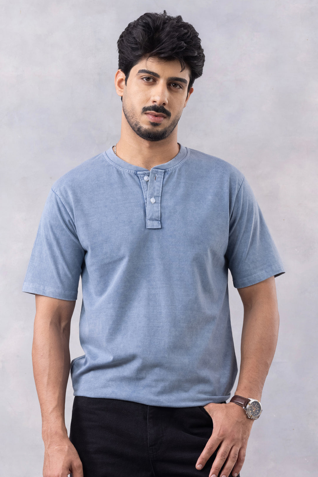 Blue Acid Washed Henley Neck T-shirt
