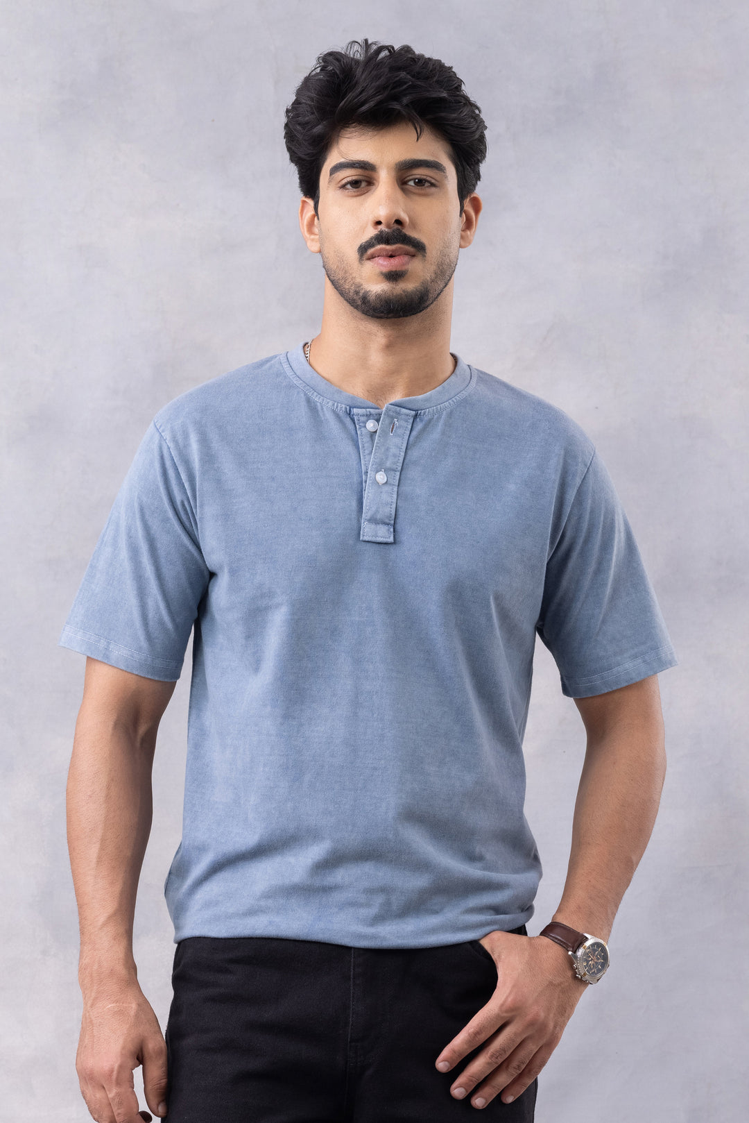 Blue Acid Washed Henley Neck T-shirt