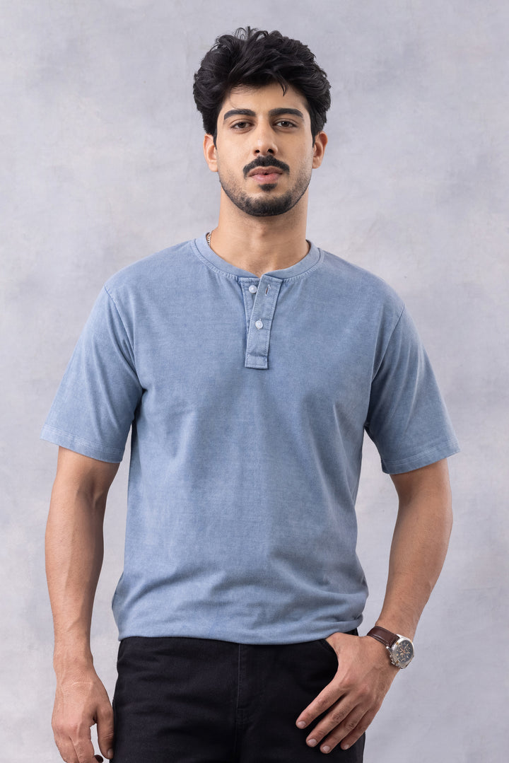 Blue Acid Washed Henley Neck T-shirt