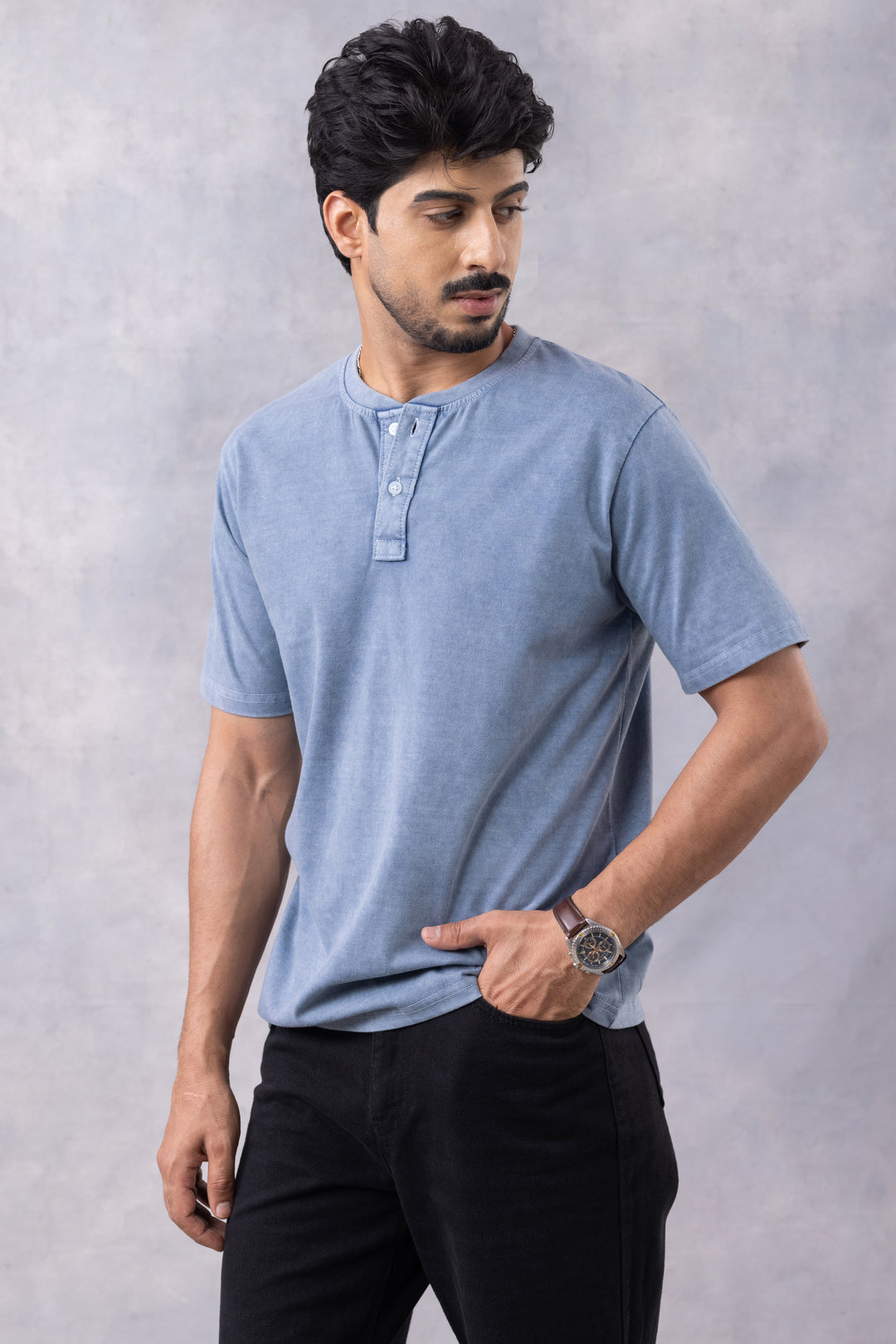 Blue Acid Washed Henley Neck T-shirt